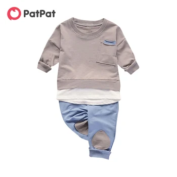 PatPat, комплект из 2 предметов для маленьких девочек/мальчиков, пуловер из искусственной кожи с буквенным принтом и штаны в стиле пэчворк