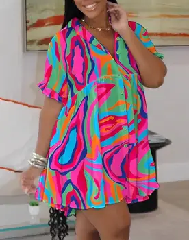 Платья для женщин 2023, новая мода, разноцветная рубашка с абстрактным принтом и рюшами, Платье с коротким рукавом, Свободное платье-рубашка