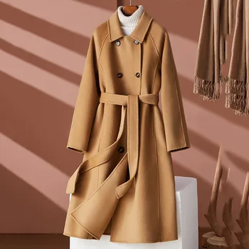 Новая Зимняя куртка, Двойное Кашемировое Длинное пальто из 100% шерсти, Женские модные Двубортные Шерстяные пальто, Элегантное женское пальто Parker