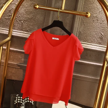 Новая модная брендовая Женская шифоновая рубашка 2023, Летняя повседневная блузка с коротким рукавом и V-образным вырезом, 9 однотонных свободных женских топов большого размера