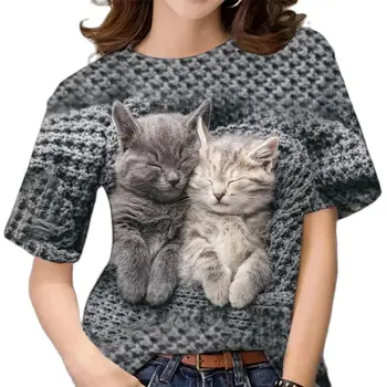 Летние новые женские футболки с забавным 3D принтом кота, футболки, модный уличный тренд в девичьем стиле, Топы с круглым вырезом на каждый день, Свободный пуловер