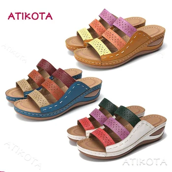 Женские сандалии Atikota в стиле ретро на танкетке, обувь для отдыха, женские тапочки, Летние пляжные повседневные сандалии на открытом воздухе с открытым носком 2021