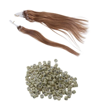 300 Шт Аксессуары: 200 шт микрокольца с силиконовой подкладкой 5 мм и 100 шт для наращивания настоящих человеческих волос Золотого цвета 40 см