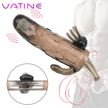 Двойной вибратор VATINE, рукав для пениса, удлинитель для пениса, секс-игрушки с задержкой эякуляции, мужской многоразовый презерватив для увеличения члена