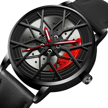 Кварцевые часы Для мужчин, водонепроницаемый кожаный ремешок с вакуумным покрытием, дизайн ступицы автомобильного колеса, Спортивные Автоматические Светящиеся наручные часы