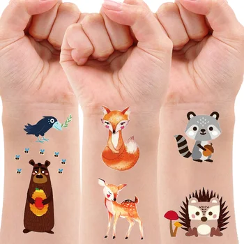 120x75 мм, Мультяшные временные татуировки с лесными животными для детей, Медведь, Лиса, Ежик, Поддельные наклейки с татуировками, Вечерние Принадлежности, Подарки