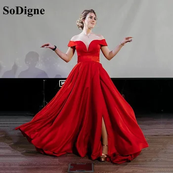 Красное платье SoDigne с боковой горкой для выпускного вечера, с открытыми плечами, без рукавов, Женские вечерние платья трапециевидной формы