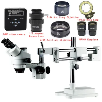 3,5 X 7X 45X 90X Двойная стойка для стрелы, тринокулярный стереомикроскоп с одновременным фокусным расстоянием, 34-мегапиксельная камера, микроскоп для промышленного ремонта печатных плат