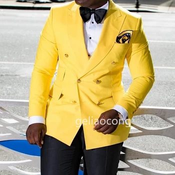 Новый цельнокроеный желтый/розовый/синий мужской блейзер, пиджак, приталенный двубортный блейзер с отворотом, куртка для прополки жениха