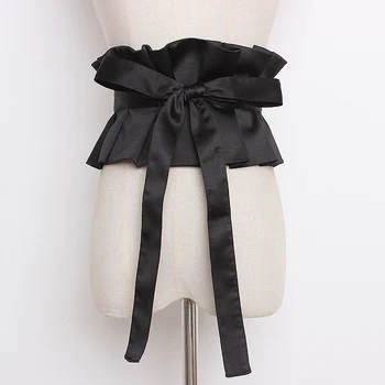 Женская мода для подиума, плиссированные черные атласные Широкие пояса, женское платье, Корсеты, Поясные ремни, украшение бантом, широкий пояс R1322