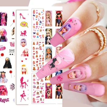 10 шт., Розовая наклейка для ногтей Для Девочек, модная кукла, игрушка для Дизайна ногтей, декоративная наклейка, большой размер, 3D клей, слайдер для ногтей, бесплатная доставка