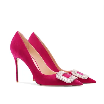 2023 Женские Элегантные туфли-лодочки из флока с кристаллами Squre, туфли на высоком каблуке для весенне-осенней свадебной вечеринки, модельные туфли для ужина, неглубокие