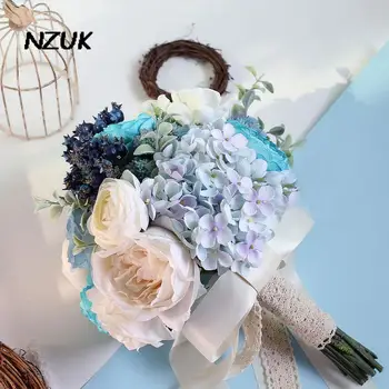 NZUK Светло-голубые Свадебные цветы Букеты для новобрачных Ручной работы Шампанское Шелковые розы Аксессуары для невесты mariage