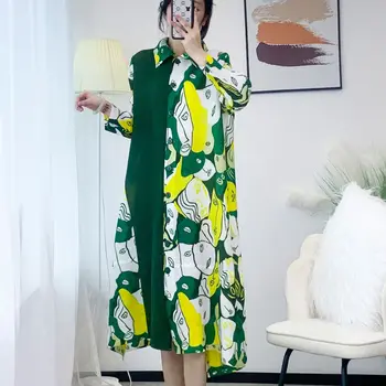 Женское плиссированное платье в стиле Miyake 2023, весенний новый модный кардиган с принтом, элегантные свободные платья размера Плюс, тонкие платья средней длины для женщин