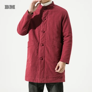 Китайское традиционное платье, зимние хлопчатобумажные льняные парки средней длины, мужская одежда, винтажная куртка с подкладкой, черное повседневное пальто для мужчин