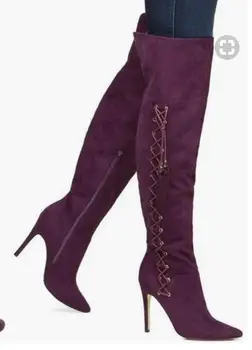 Женские Фиолетовые однотонные замшевые туфли-лодочки с боковой молнией и пикантными зимними ботинками выше колена на узком каблуке