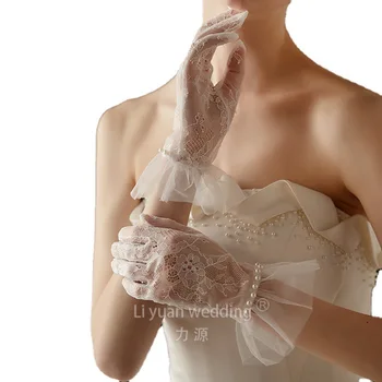 Свадебное платье для новобрачных, кружевной французский короткий тюль, прозрачные Изысканные кружевные перчатки с жемчугом