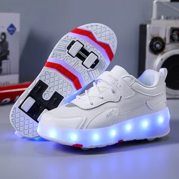 2023 Новые детские коньки на 4 колесах для спорта на открытом воздухе с USB перезаряжаемой светодиодной подсветкой, обувь для штурма 29-43 размера