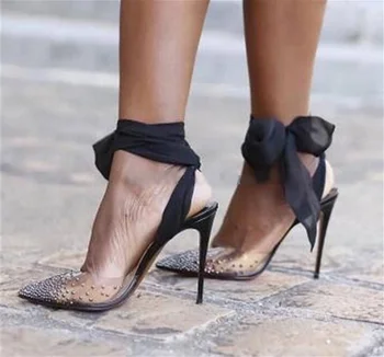 Женщины насосы мода острым носом ПВХ горный хрусталь туфли на каблуке невесты свадебные туфли лодыжки Wrap Кристалл высокий каблук туфли 
