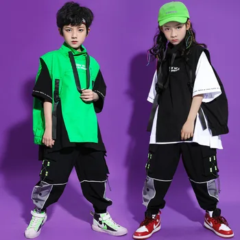 Детская одежда в стиле хип-хоп, футболка Оверсайз, топ, тактические брюки карго, Куртка-карго, жилет без рукавов для девочек, Одежда для джазовых танцев для мальчиков