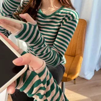 Универсальные Тонкие Пуловеры в Корейскую полоску, Повседневная Женская одежда с вырезами, Весенне-осенняя стильная футболка с круглым вырезом и разрезом