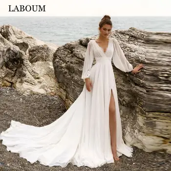 LaBoum Сексуальное Свадебное платье с высоким Разрезом для женщин 2023, Пляжное Кружевное Свадебное платье с V-образным вырезом, Вечернее платье Robe De Marié с пышными рукавами