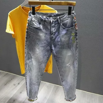 Дымчато-серые укороченные джинсы с вышивкой для мужчин прямого кроя, весенне-летний тренд в гонконгском стиле, универсальные повседневные брюки