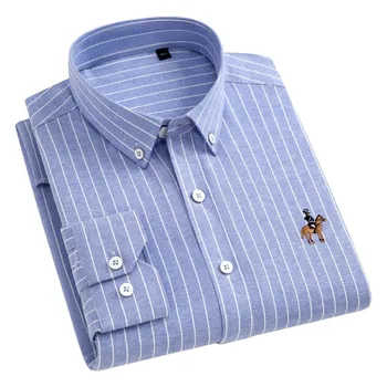 2022 Повседневные рубашки в полоску из чистого хлопка Оксфорд Для мужчин С длинным рукавом и вышивкой, дизайн логотипа, обычная посадка, Модная стильная