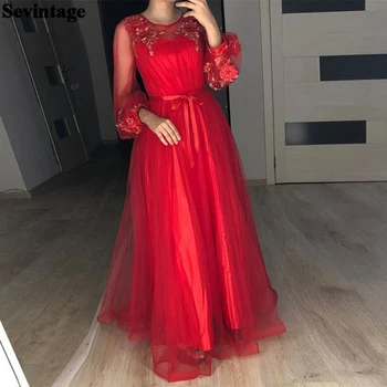 Платья для выпускного вечера с красными цветами Sevintage, Длинные Пышные рукава, Вечерние платья в Дубае, Трапециевидное Тюлевое Вечернее платье, платья для свадебной вечеринки