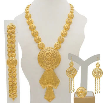 Африканское Золотое Длинное ожерелье/серьги/кольцо, Большой Ювелирный набор, Женские Арабские украшения, Свадебные аксессуары