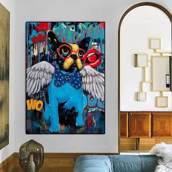 Граффити на холсте с изображением Собаки-ангела, Абстрактные плакаты с животными и принты, Современный поп-декор стен, Картины для декора домашней комнаты