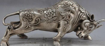 украшения бронзовые заводские розетки Тибетское Серебро 15 дюймов Китайский фэншуй серебряный резной цветок животное Бык Коррида быков