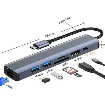 Нейлоновый кабель USB Type C Концентратор-Разветвитель К HDMI USB3.0 SD/TF RJ45 1000 М/С Высокоскоростная Передача данных Для Портативных ПК Macbook Аксессуары