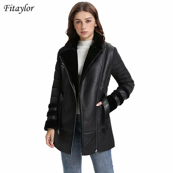 Fitaylor, новое зимнее женское пальто из овечьего меха в стиле пэчворк, отложной воротник, мотоциклетная верхняя одежда на молнии, длинная куртка из искусственной мягкой кожи
