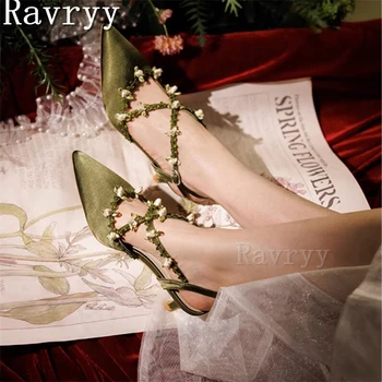 Туфли-лодочки на шпильке с перекрестным ремешком из французской виноградной лозы и розы, Зеленые Босоножки на тонком каблуке с ремешком сзади и острым носком, Элегантная обувь для банкета и вечеринки, женские туфли