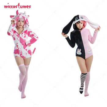 Женская сексуальная пижама с принтом кролика для девочек, боди с принтом коровы, Домашняя одежда с капюшоном, колье и носки, костюм для косплея
