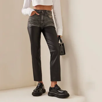 Черные прямые брюки из искусственной кожи в стиле ретро, весенняя мода 2023, повседневные джинсовые брюки в тон сотне