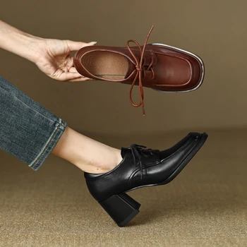 2023 Весенние женские Лоферы, Туфли-лодочки из спилка, Женская обувь с круглым носком и квадратным каблуком, Повседневная женская обувь на высоком каблуке, обувь на шнуровке