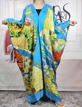 Традиционное Модное Мусульманское Женское Летнее Пляжное Платье для Дубая, Свободное Шелковое Платье-кафтан с V-образным вырезом, Дашики, Африканская Праздничная Абая С Принтом
