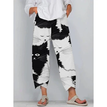 Женские брюки CLOOCL с милым рисунком черного кота и белой кошки, брюки с 3D принтом, эластичный пояс, брюки для отдыха с двойным карманом